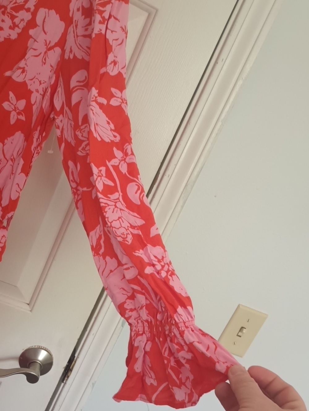 Absolutely Famous Coral and Light Pink Floral V-Neck Long Sleeve Tiered Dress - Picture 6 of 11